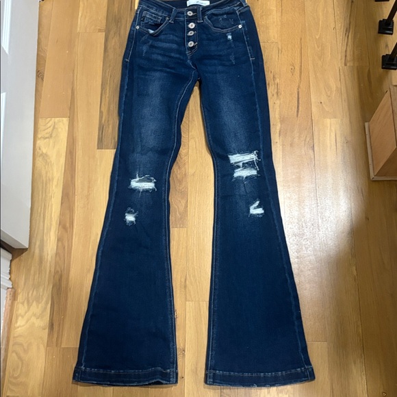 KanCan Denim - Kancan Denim Jeans Flare Size 3/25 Dark Wash Mid Rise Stretch Long